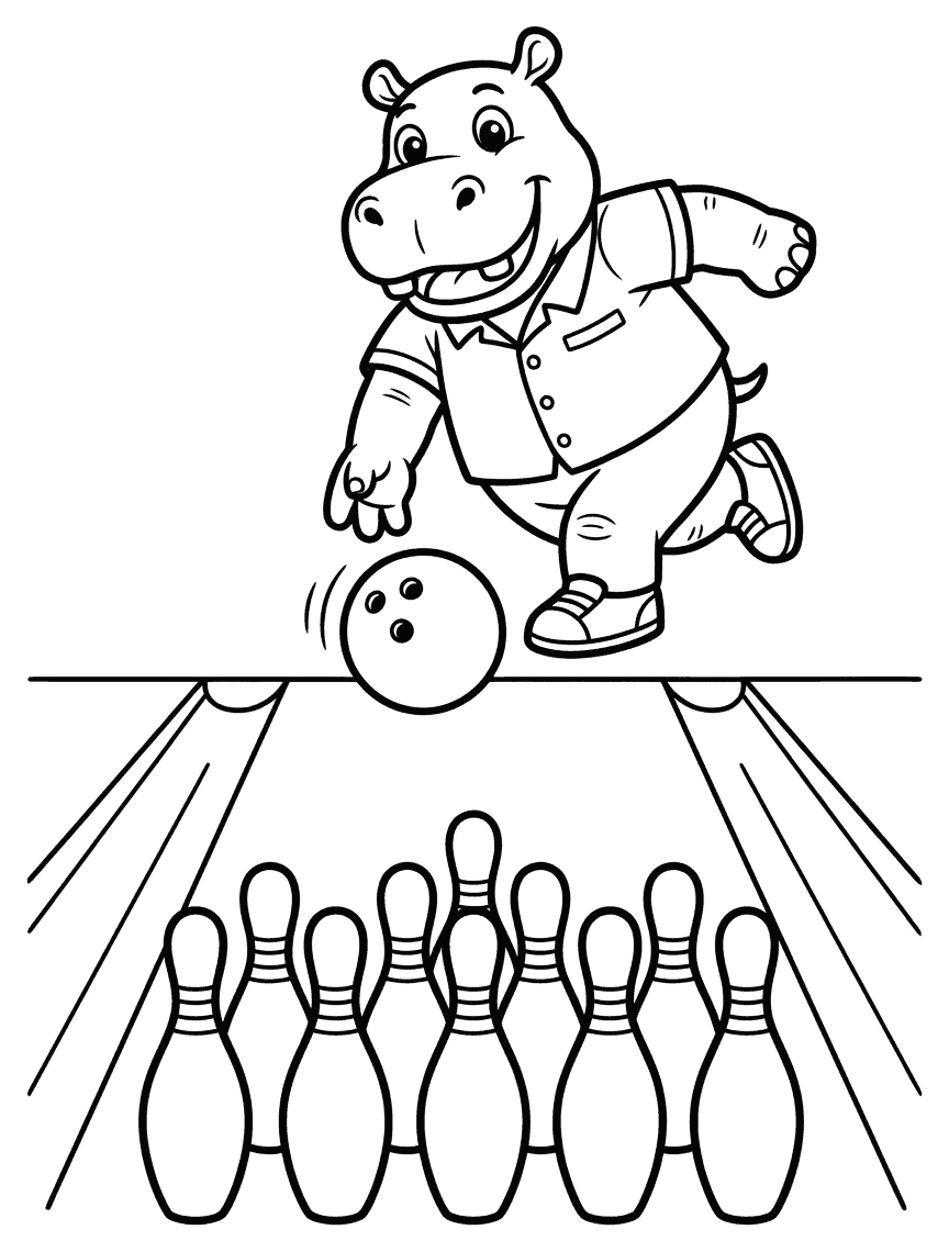 A cartoon hippo rolling a ball towards a group of skittles, drawn as black outlines on white for colouring in.