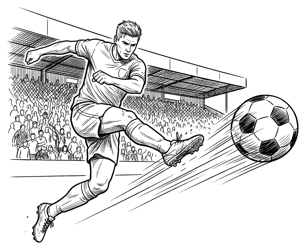 A footballer striking a volley in mid-air, drawn as dynamic black outlines for colouring in.