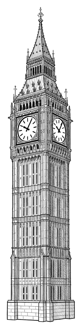 The Elizabeth Tower in London, home of Big Ben, drawn as detailed black outlines for colouring in.