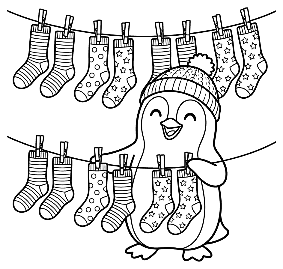 A cartoon penguin pegging pairs of socks on a washing line, drawn as black outlines on white for colouring in.