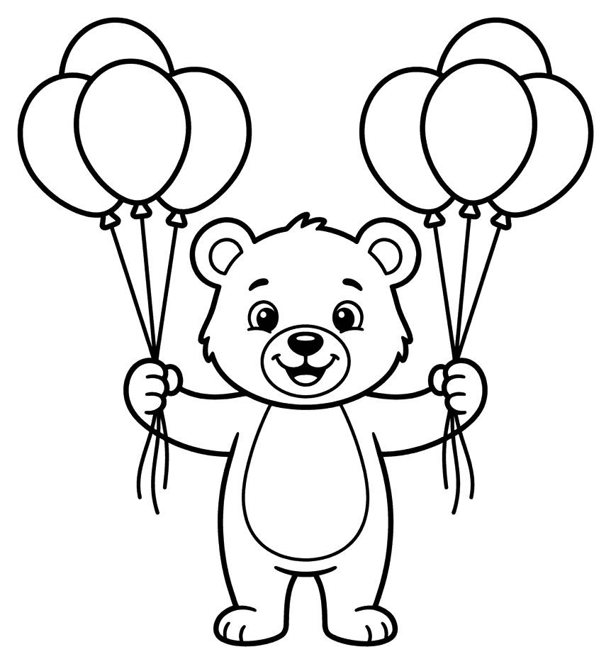 A happy cartoon bear cub holding bunches of balloons, drawn as black outlines on white for colouring in.