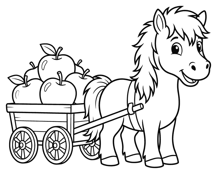 A cartoon pony pulling a small wooden cart, drawn as black outlines on white for colouring in.