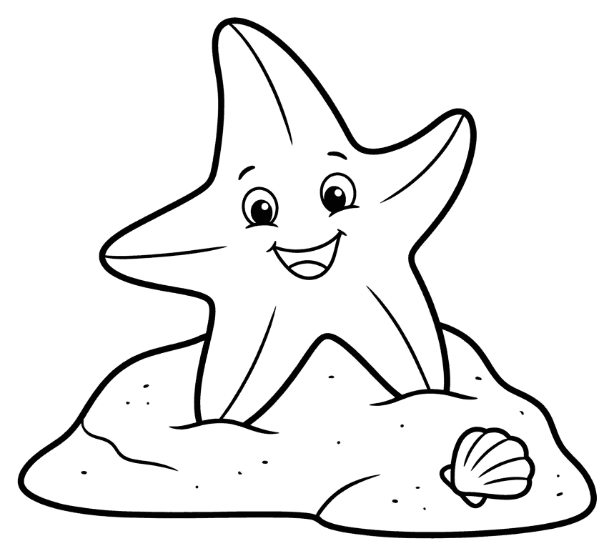 A smiling cartoon starfish waving one of its five arms, drawn as black outlines on white for colouring in.