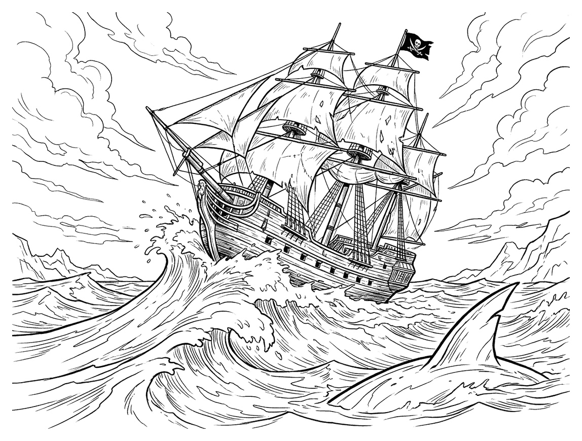A pirate ship with full sails riding big ocean waves, drawn as detailed black outlines for colouring in.