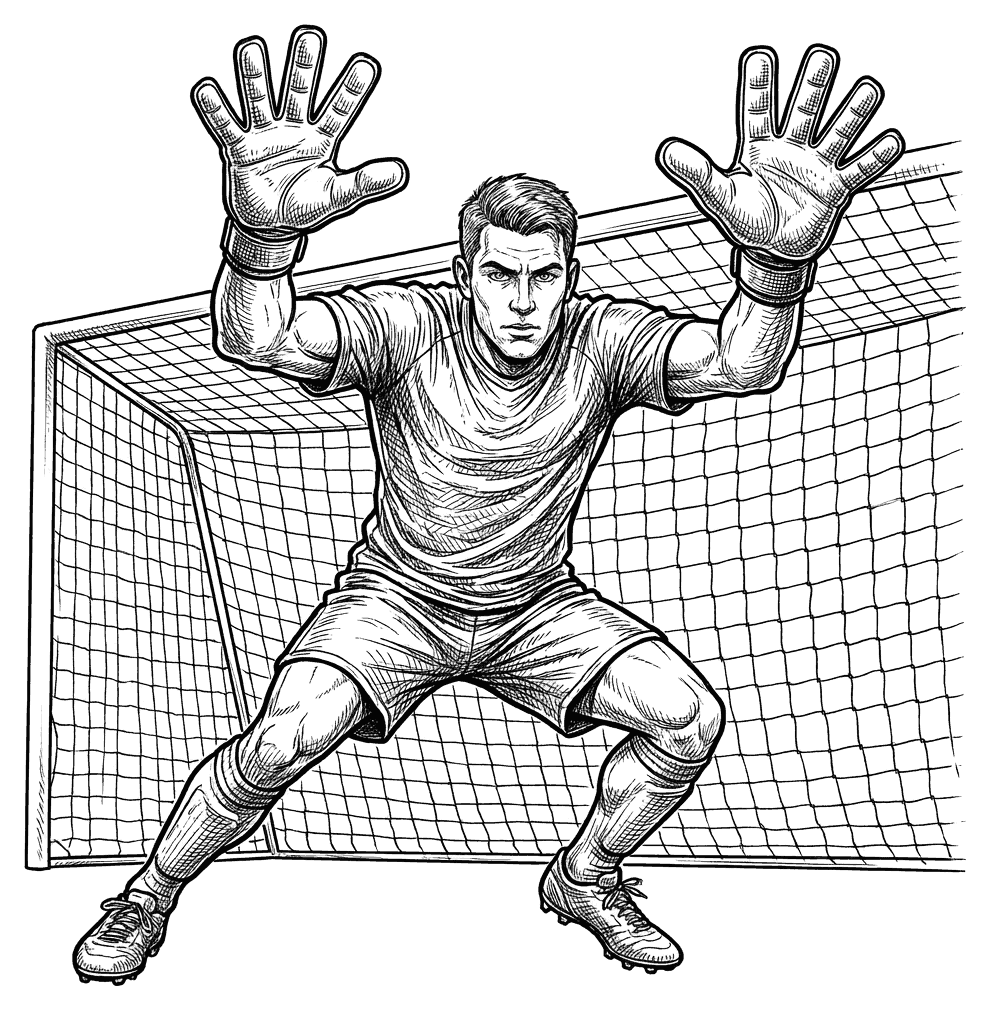 A football goalkeeper standing ready with both gloved hands raised and fingers spread, drawn as black outlines for colouring in.
