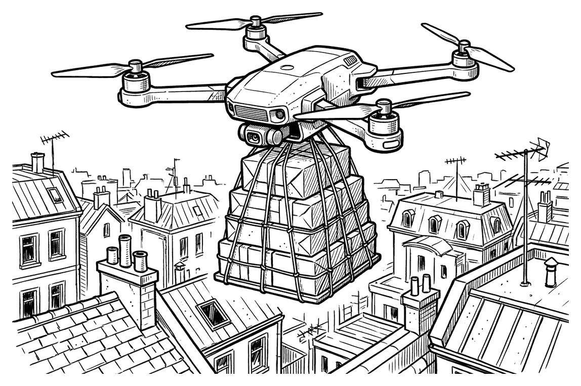 A delivery drone carrying a stack of parcels over city rooftops, drawn as black outlines for colouring in.