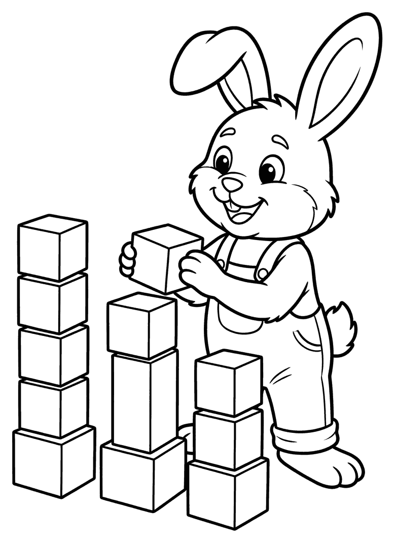 A cartoon rabbit stacking wooden building blocks into towers, drawn as black outlines on white for colouring in.