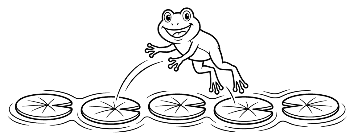 A cartoon frog leaping along a row of lily pads in a pond, drawn as black outlines on white for colouring in.