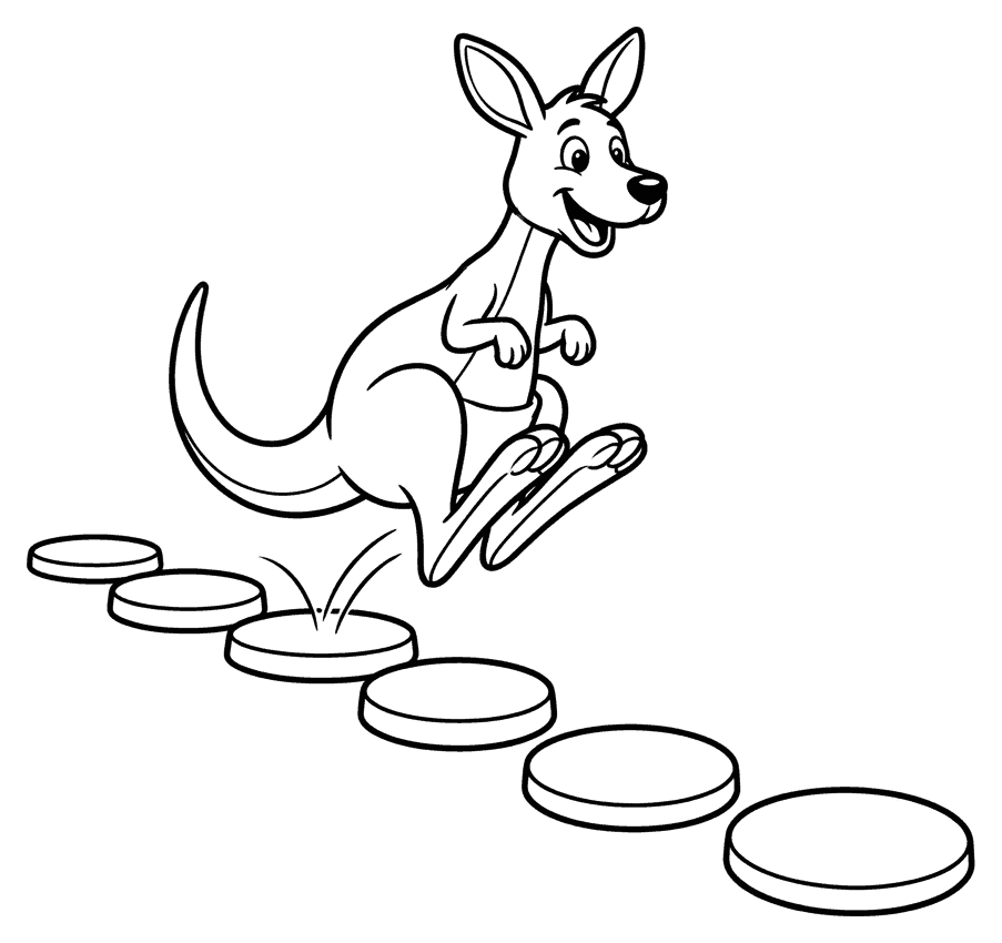 A cartoon kangaroo making big bounces along a path of flat stones, drawn as black outlines on white for colouring in.