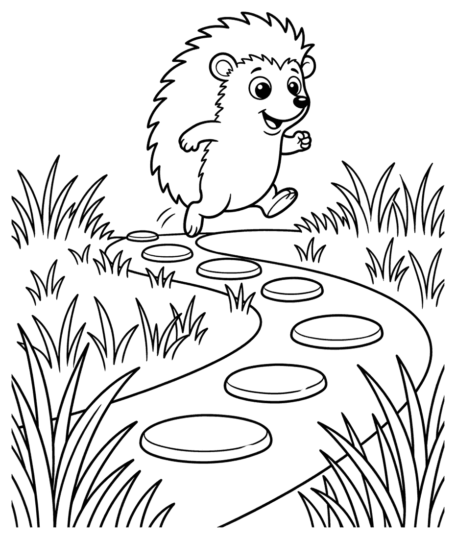 A cartoon hedgehog hopping along a path of round stepping stones, drawn as black outlines on white for colouring in.