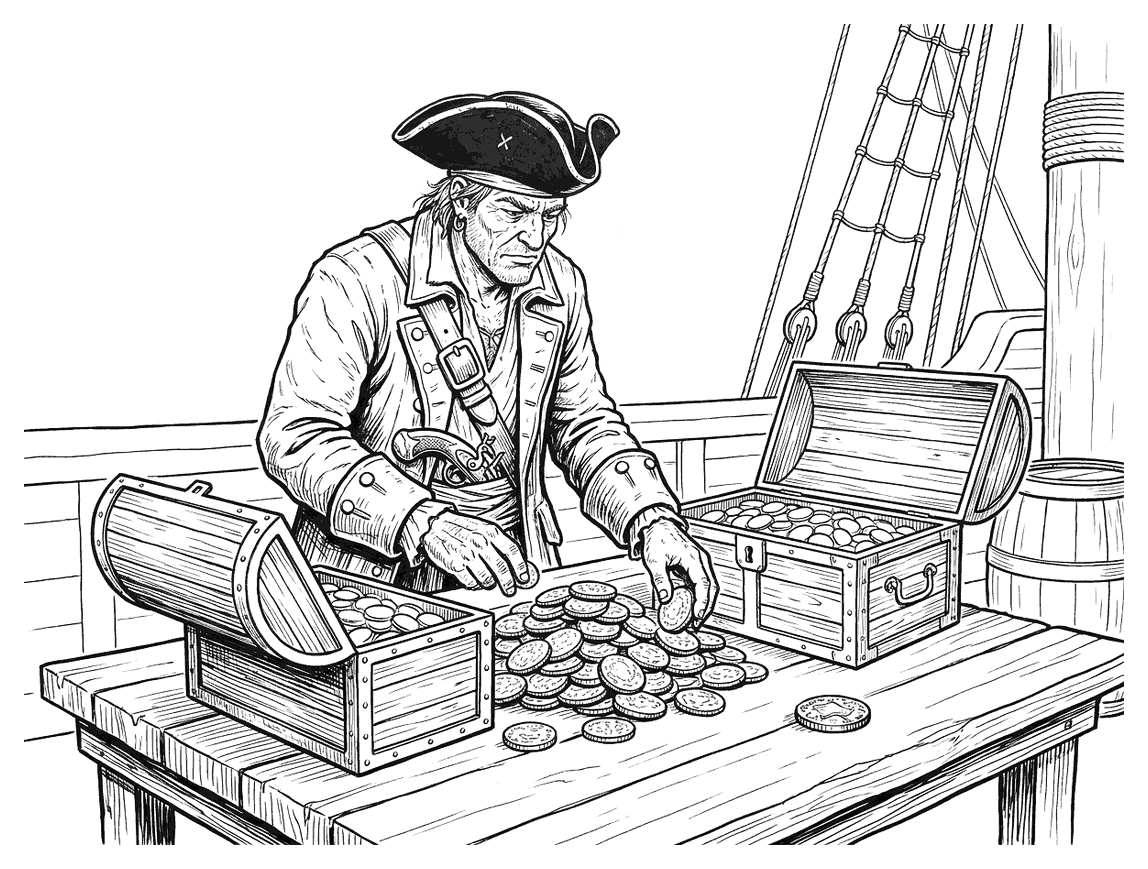 A pirate captain sharing out gold coins into treasure chests on a ship's deck, drawn as black outlines for colouring in.