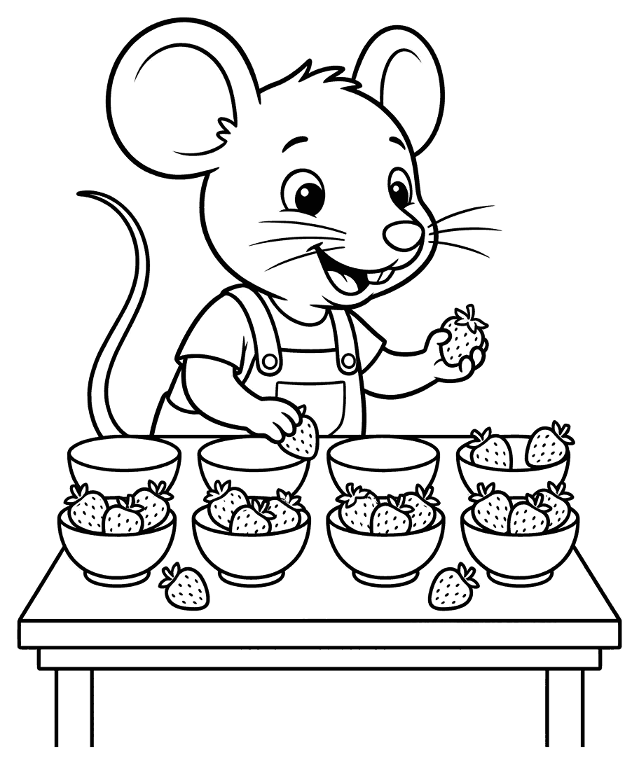 A cartoon mouse sharing strawberries equally between small bowls on a table, drawn as black outlines on white for colouring in.