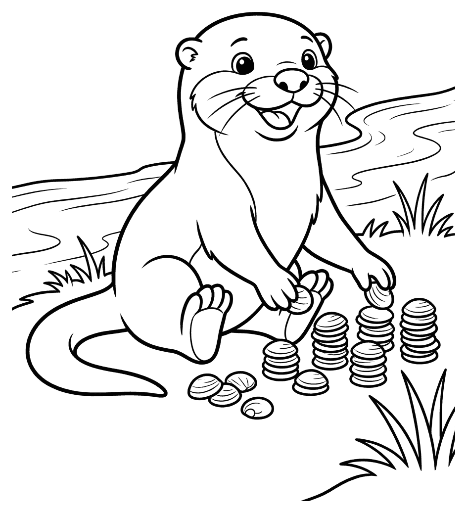 A cartoon otter sorting shells into equal piles, drawn as black outlines on white for colouring in.
