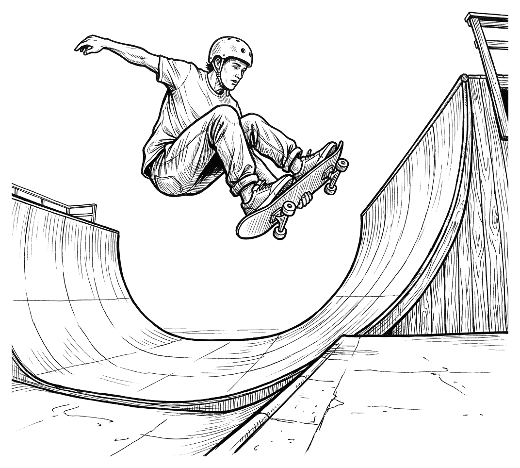 A skateboarder flying above a half-pipe ramp mid-trick, drawn as black outlines for colouring in.