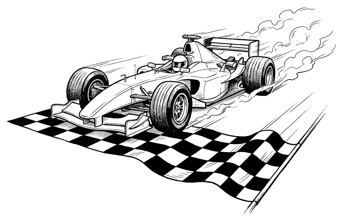 A racing car speeding across a chequered finish line, drawn as black outlines for colouring in.
