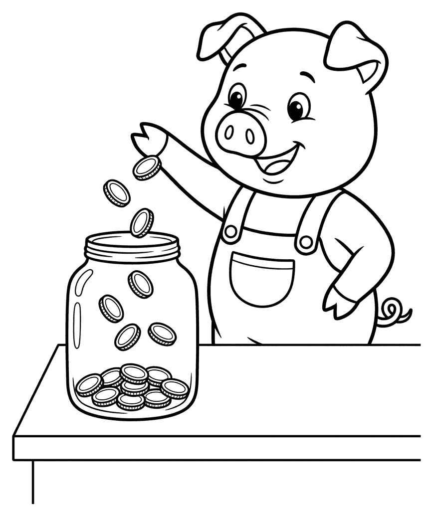 A cartoon pig dropping coins into a glass jar, drawn as black outlines on white for colouring in.