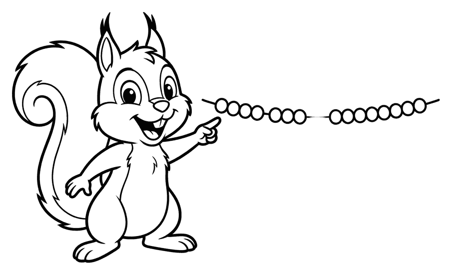 A cheerful cartoon squirrel pointing at a row of round beads on a string, drawn as black outlines on white for colouring in.