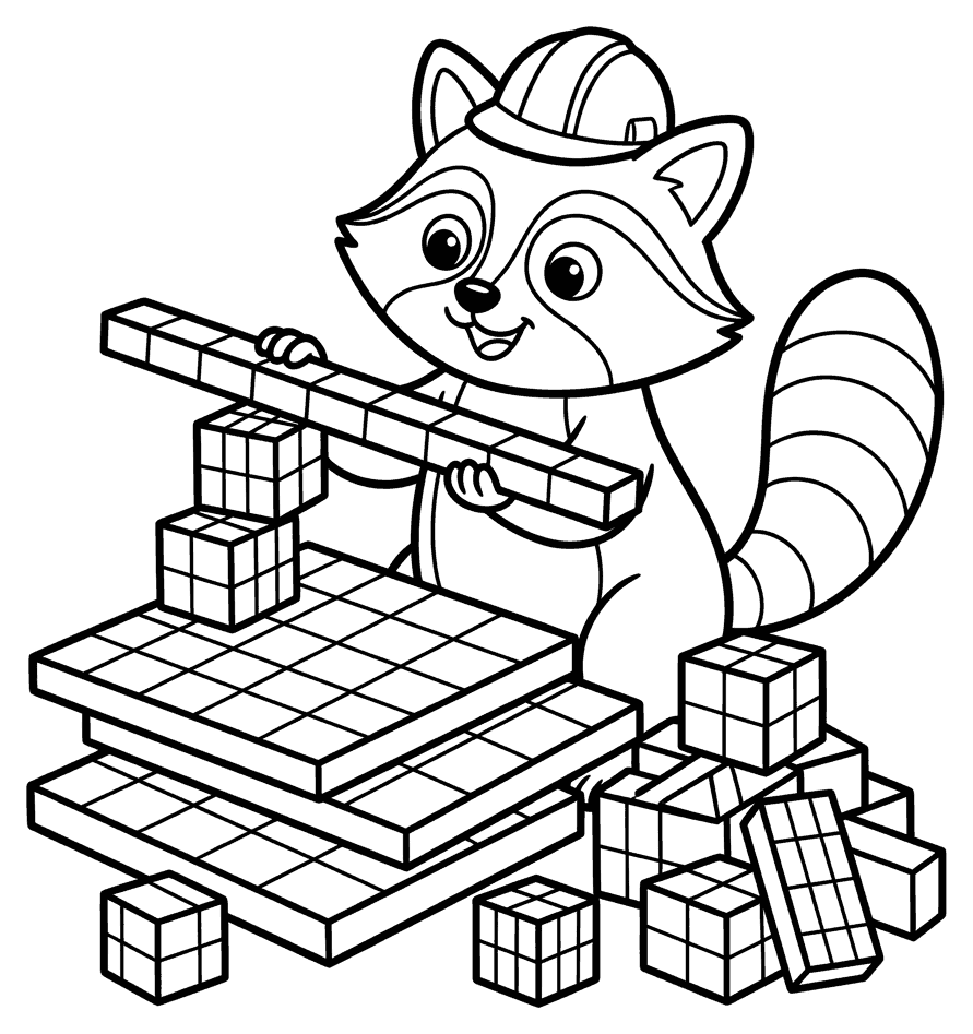 A cartoon raccoon building with flat squares, long rods and small cubes, drawn as black outlines on white for colouring in.