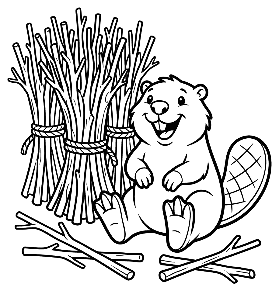 A cartoon beaver with bundles of sticks tied with string and a few loose sticks, drawn as black outlines on white for colouring in.