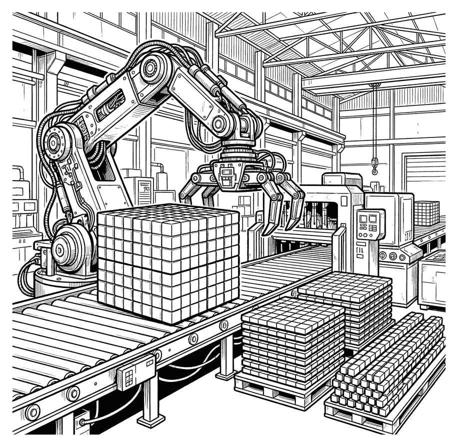A robotic arm in a factory placing a big cube made of small cubes beside stacks of flat squares and rods, like base-ten blocks, drawn as black outlines for colouring in.