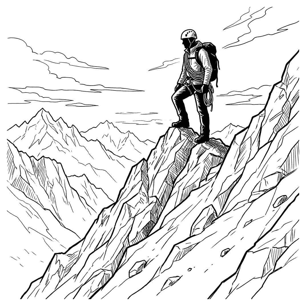 A mountain climber standing on the summit of a rocky peak, with slopes going down both sides, drawn as black outlines for colouring in.