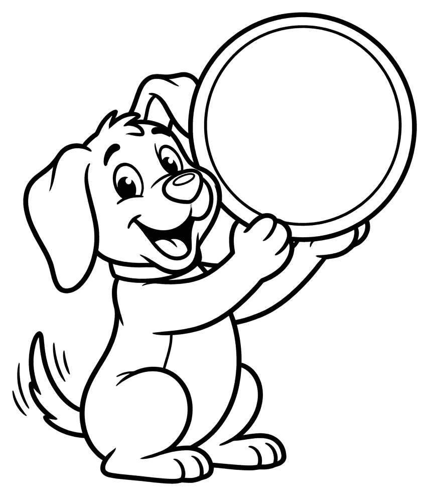 A cartoon dog holding up a big round wall clock with a blank face, drawn as black outlines on white for colouring in.