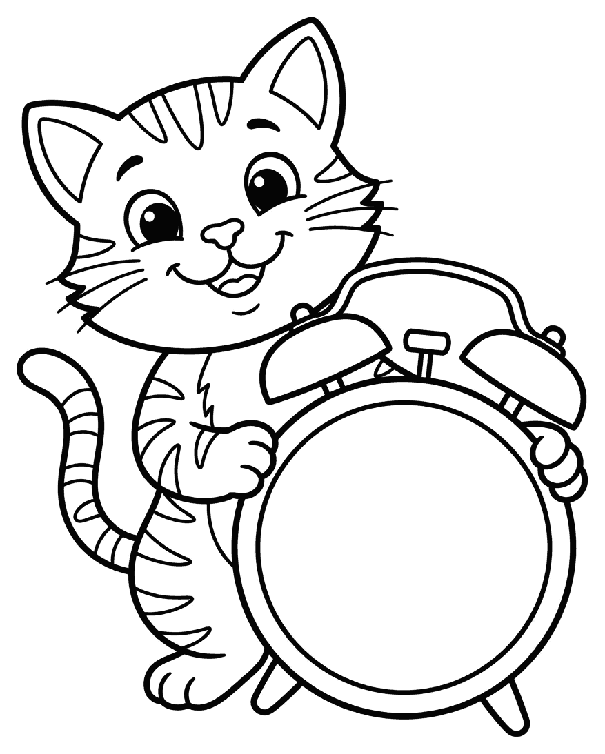 A smiling cartoon cat holding a round alarm clock with a blank face, drawn as black outlines on white for colouring in.