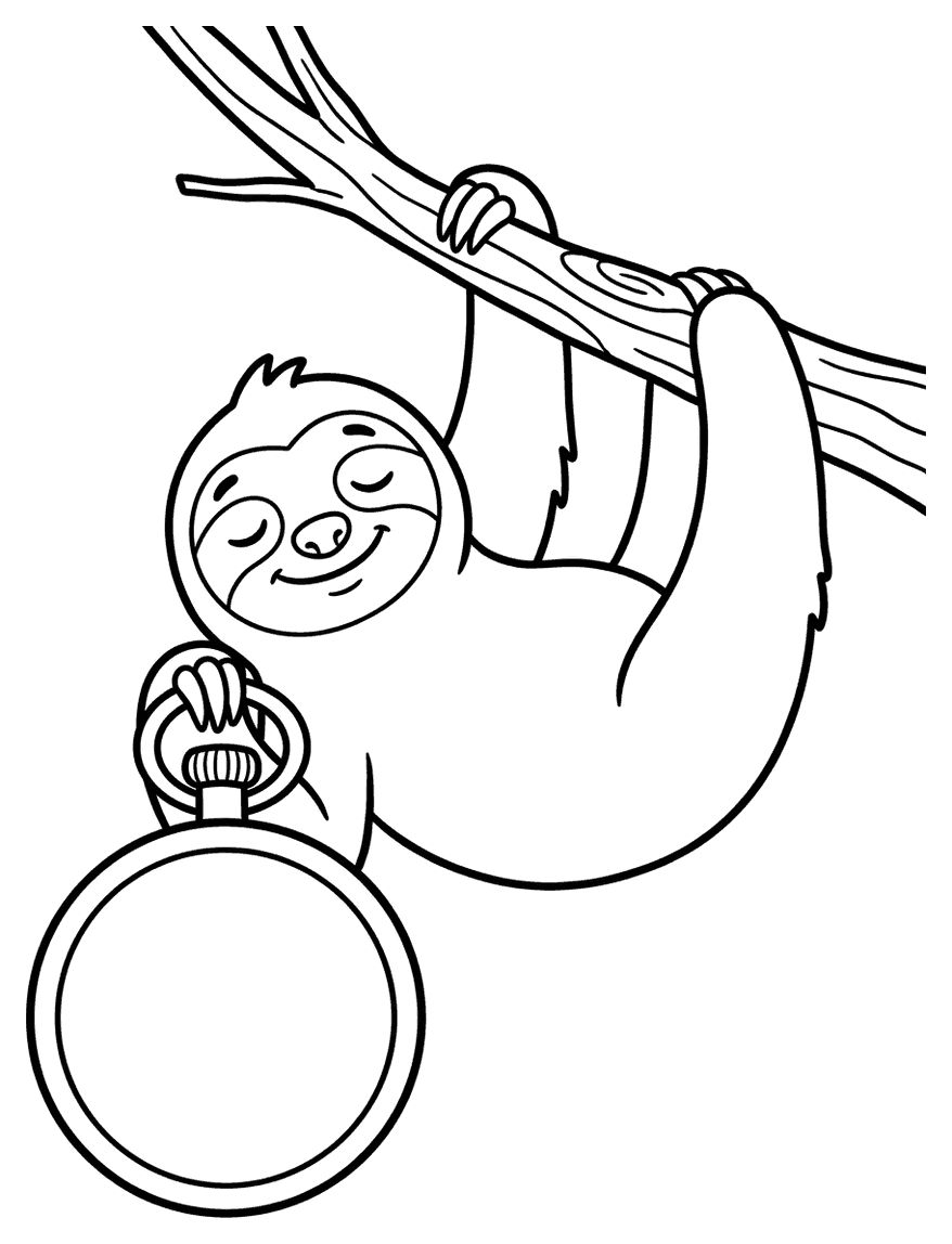 A cartoon sloth hanging from a branch and holding a pocket watch, drawn as black outlines on white for colouring in.