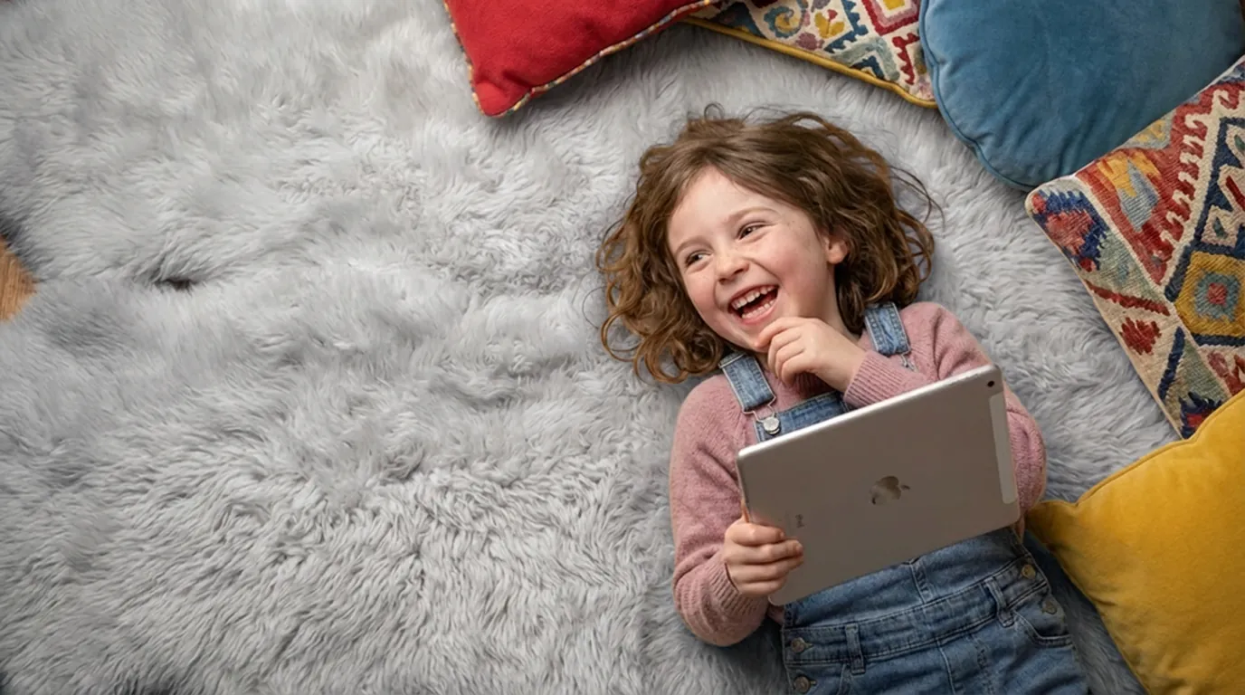 A laughing girl lying on a rug with a tablet