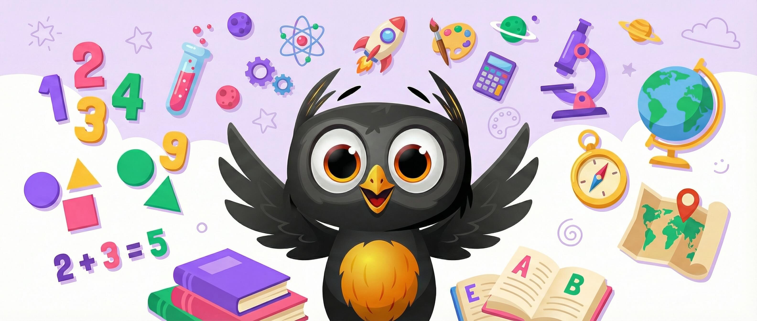 Owee owl character surrounded by educational icons including maths equations, science test tubes, and geography globes